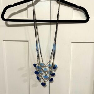 WHBM Blue Beaded Layered Tassel Necklace EUC